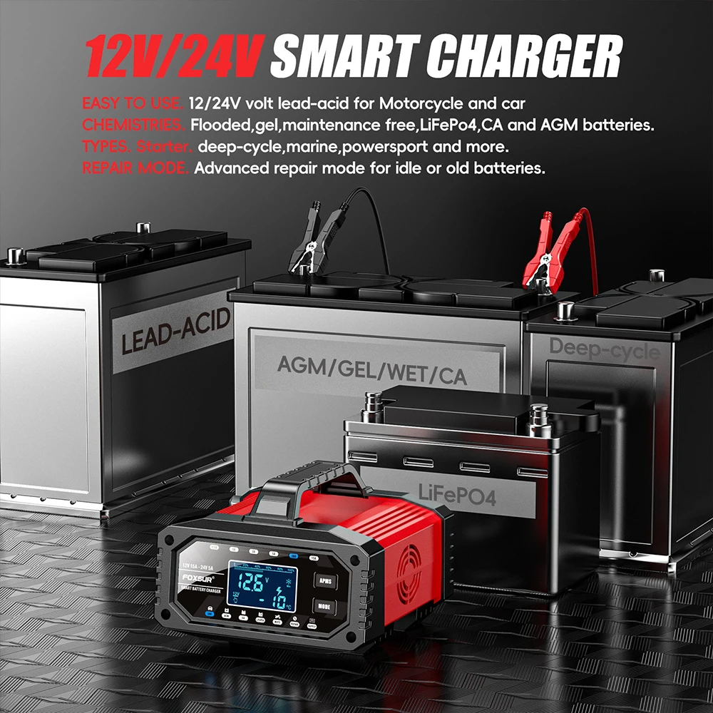 12V 15A / 24V 5A 300W Battery Charger Car Motorcycle Tester Smart Pulse Repair Tools EU Plug 100V-240V Input Auto Accessories