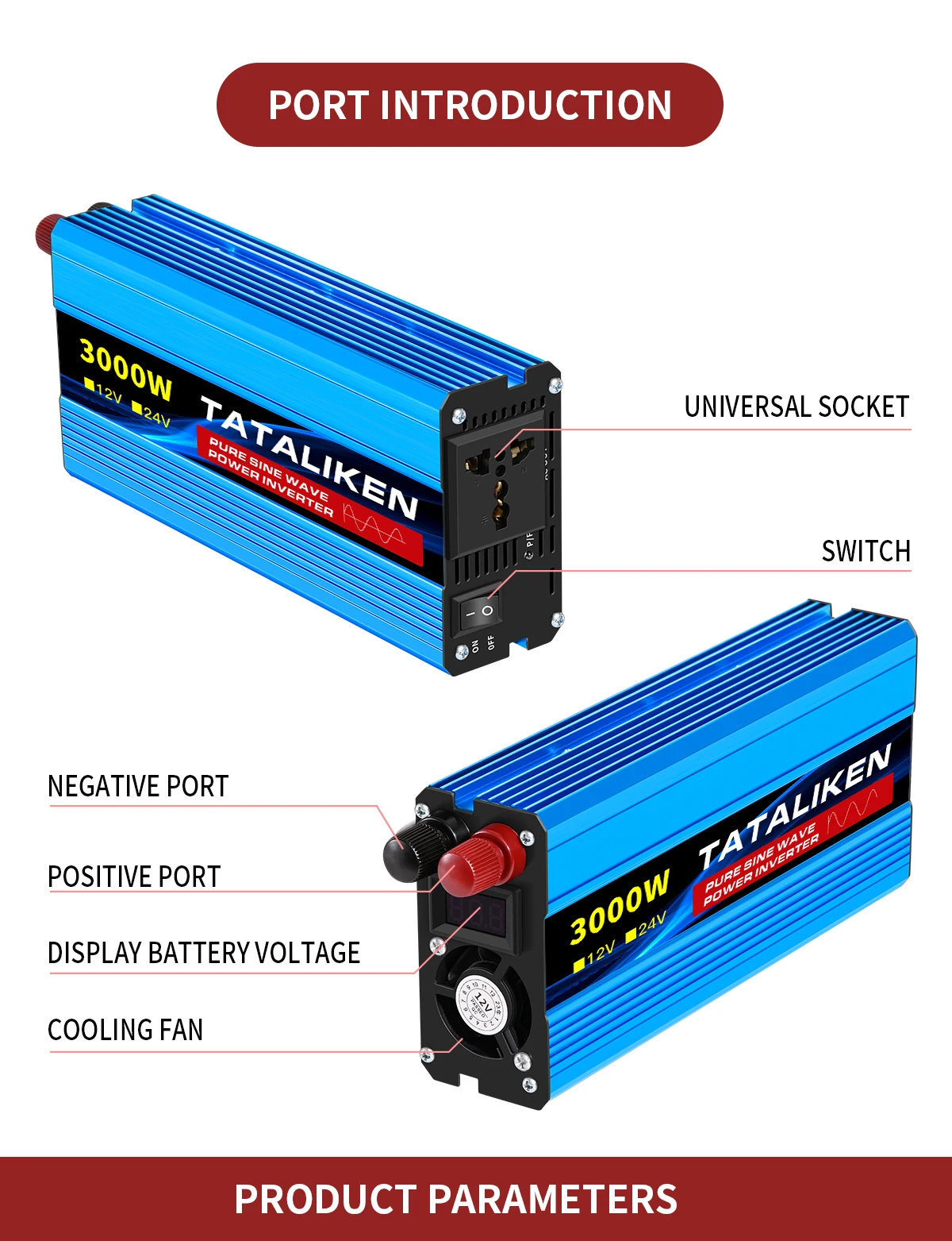 Pure Sine Wave Inverter 1000W-4000W DC 12V and 24V to AC 220V 50hz Power Inverter Charger Adapter Universal Socket