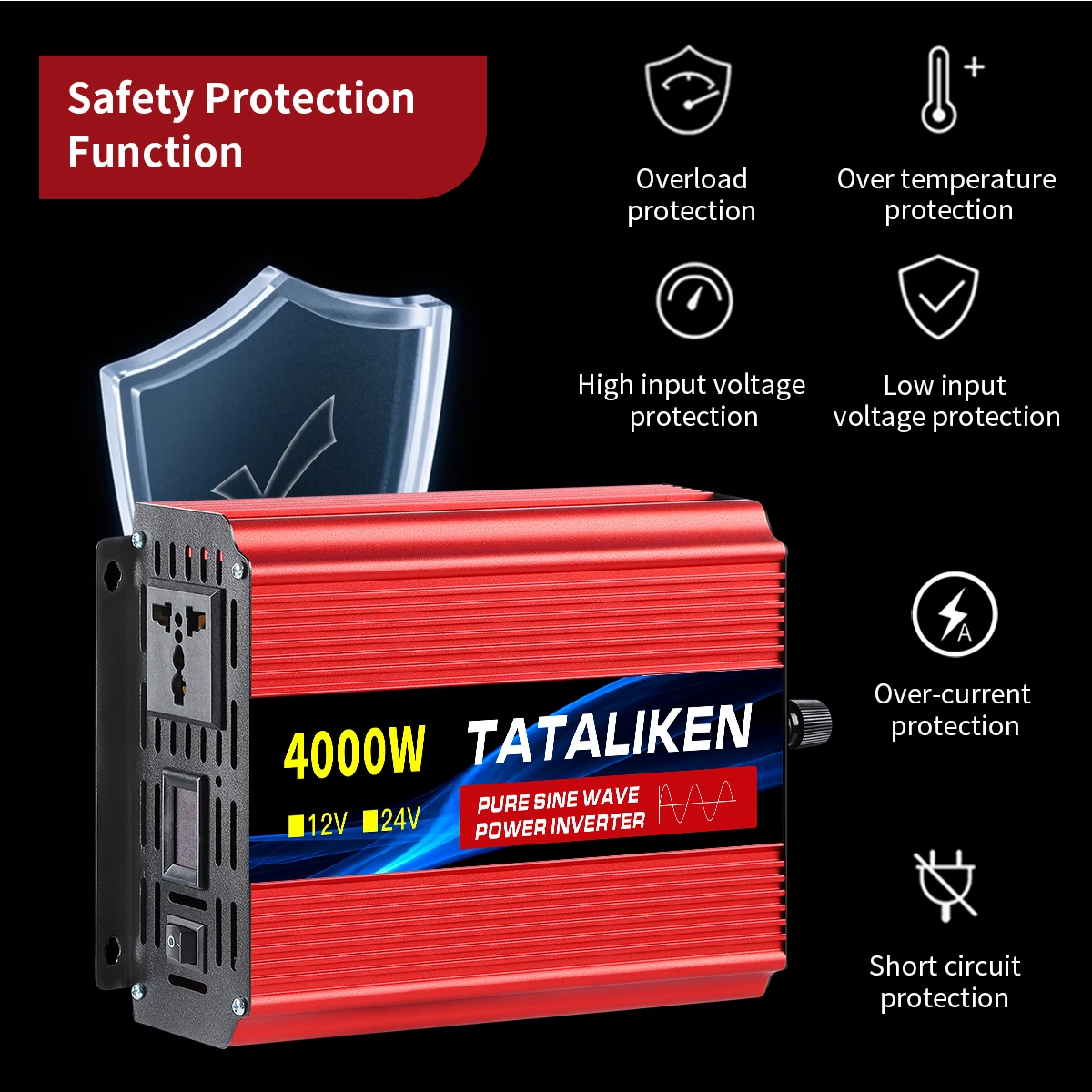 Pure Sine Wave Inverter 1000W-4000W DC 12V and 24V to AC 220V 50hz Power Inverter Charger Adapter Universal Socket