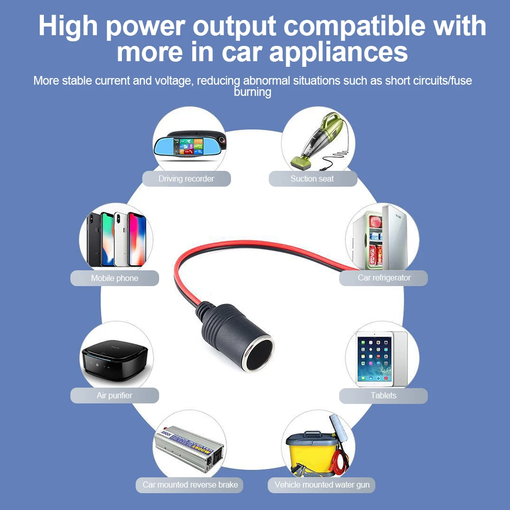 12v 10A/15A/20A/50A Car Mounted Cigarette Lighter Charger with 30cm Cable Female/Male Socket Plug Connector Adapter Universal