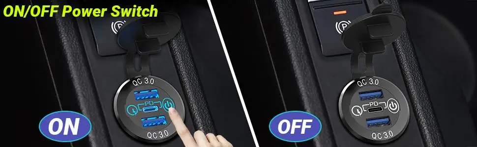 DaierTek Car USB Charger Socket Metal 60W Car Charger 12V 24V USB Outlet PD USB-C & Two QC3.0 Ports Touch Switch For Boat Marine