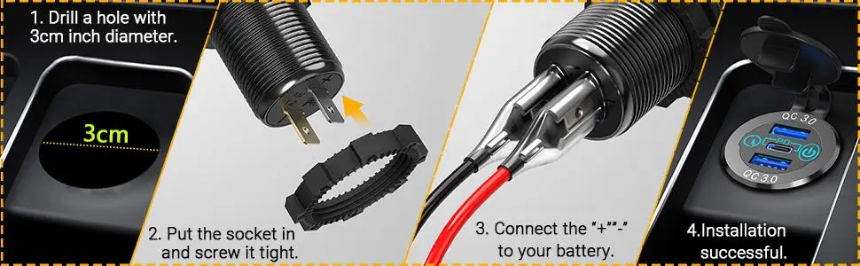 DaierTek Car USB Charger Socket Metal 60W Car Charger 12V 24V USB Outlet PD USB-C & Two QC3.0 Ports Touch Switch For Boat Marine