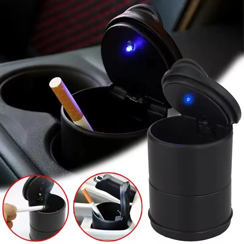 Car Ashtray LED Alloy Ash Tray Plastic Cup Portable Smokeless Auto Ashtray Flame Retardant Cigarette Holder Box Accessories