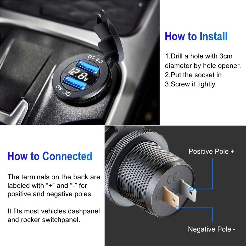 Aluminum 60W USB Charger Socket Fast Charge 12V/24V USB C Car Charger Socket PD and QC3.0 Dual USB Ports for Car Boat Motorcycle
