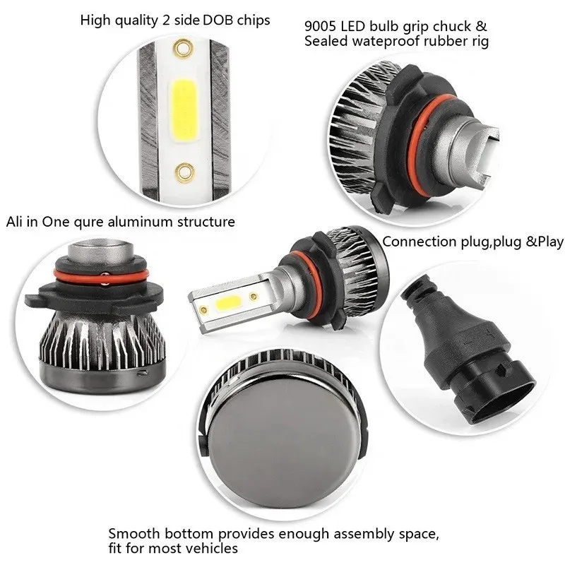 TCYATO 2Pcs Car LED Headlights C1 26000lm 80W COB Chip 3000k/4300k/6000k/8000k Lime H4 H7 H1 9005 H11 LED Lights