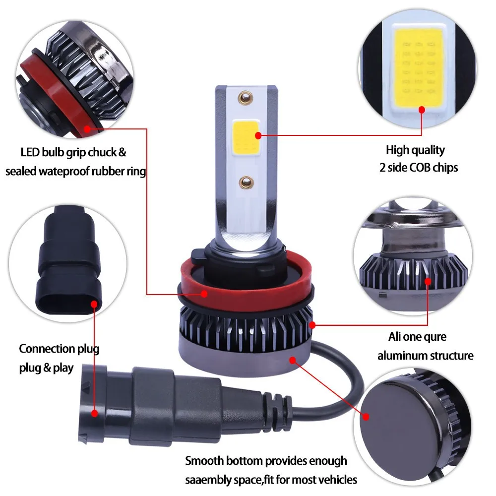 TCYATO 2Pcs Car LED Headlights C1 26000lm 80W COB Chip 3000k/4300k/6000k/8000k Lime H4 H7 H1 9005 H11 LED Lights