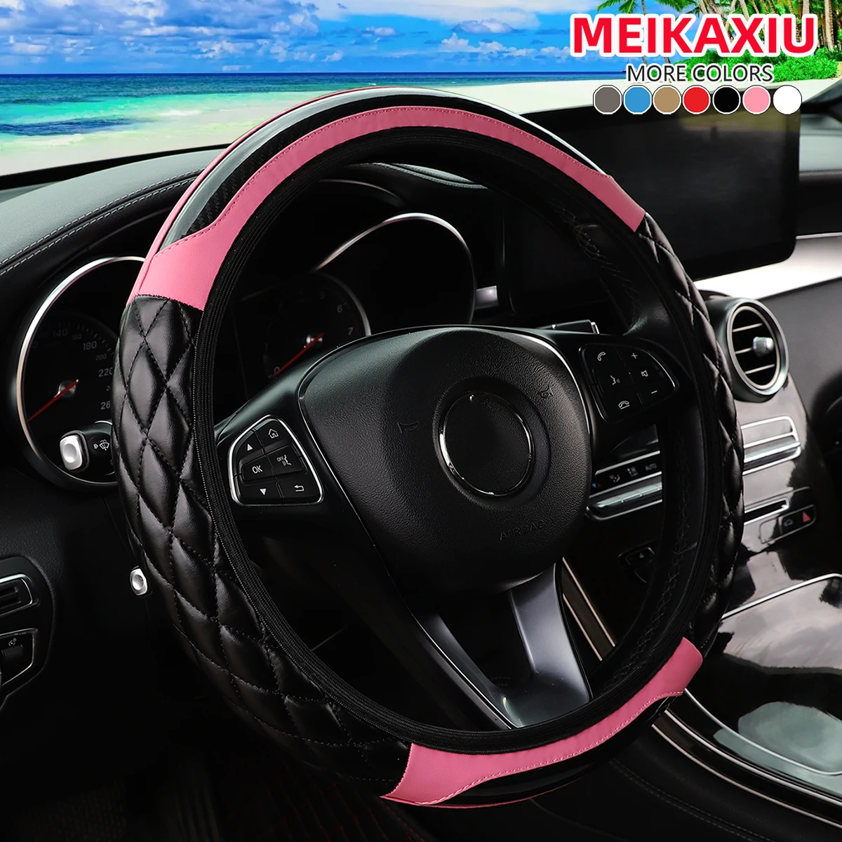 1 Crystal Carbon Fiber Embroidered Leather Automotive Steering Wheel Cover Without Inner Rim for 14.5-15 Inch Car Accessories