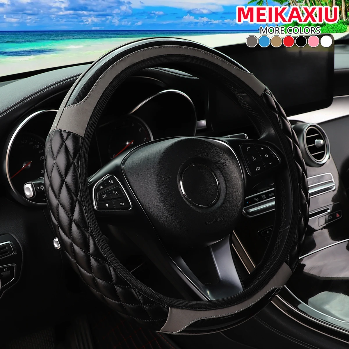 1 Crystal Carbon Fiber Embroidered Leather Automotive Steering Wheel Cover Without Inner Rim for 14.5-15 Inch Car Accessories