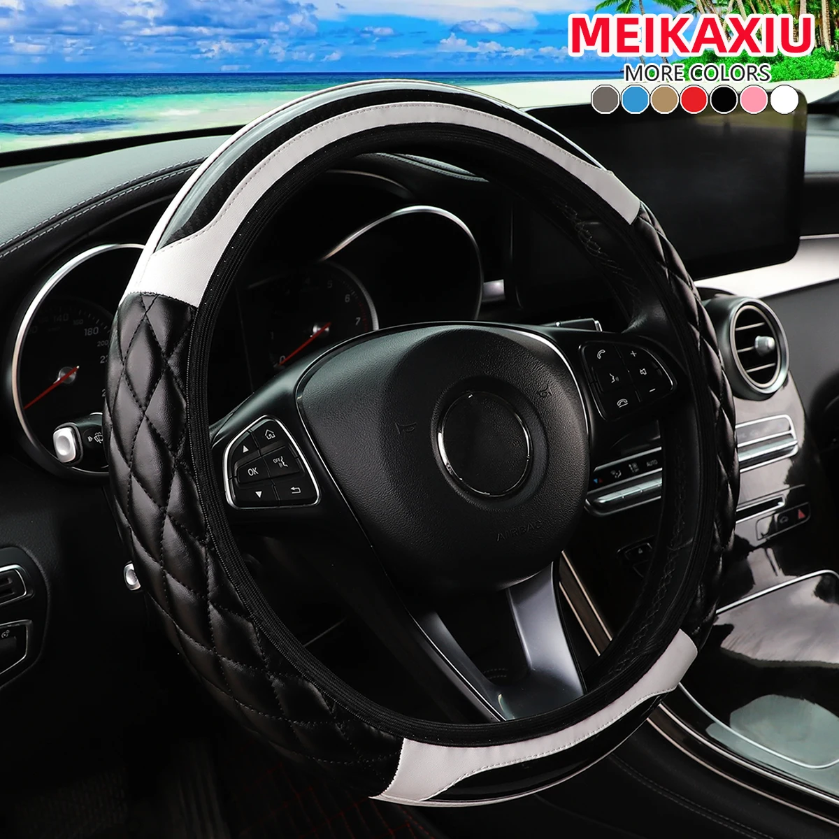 1 Crystal Carbon Fiber Embroidered Leather Automotive Steering Wheel Cover Without Inner Rim for 14.5-15 Inch Car Accessories