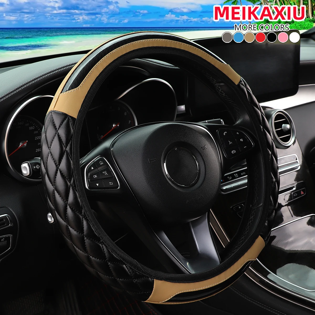 1 Crystal Carbon Fiber Embroidered Leather Automotive Steering Wheel Cover Without Inner Rim for 14.5-15 Inch Car Accessories