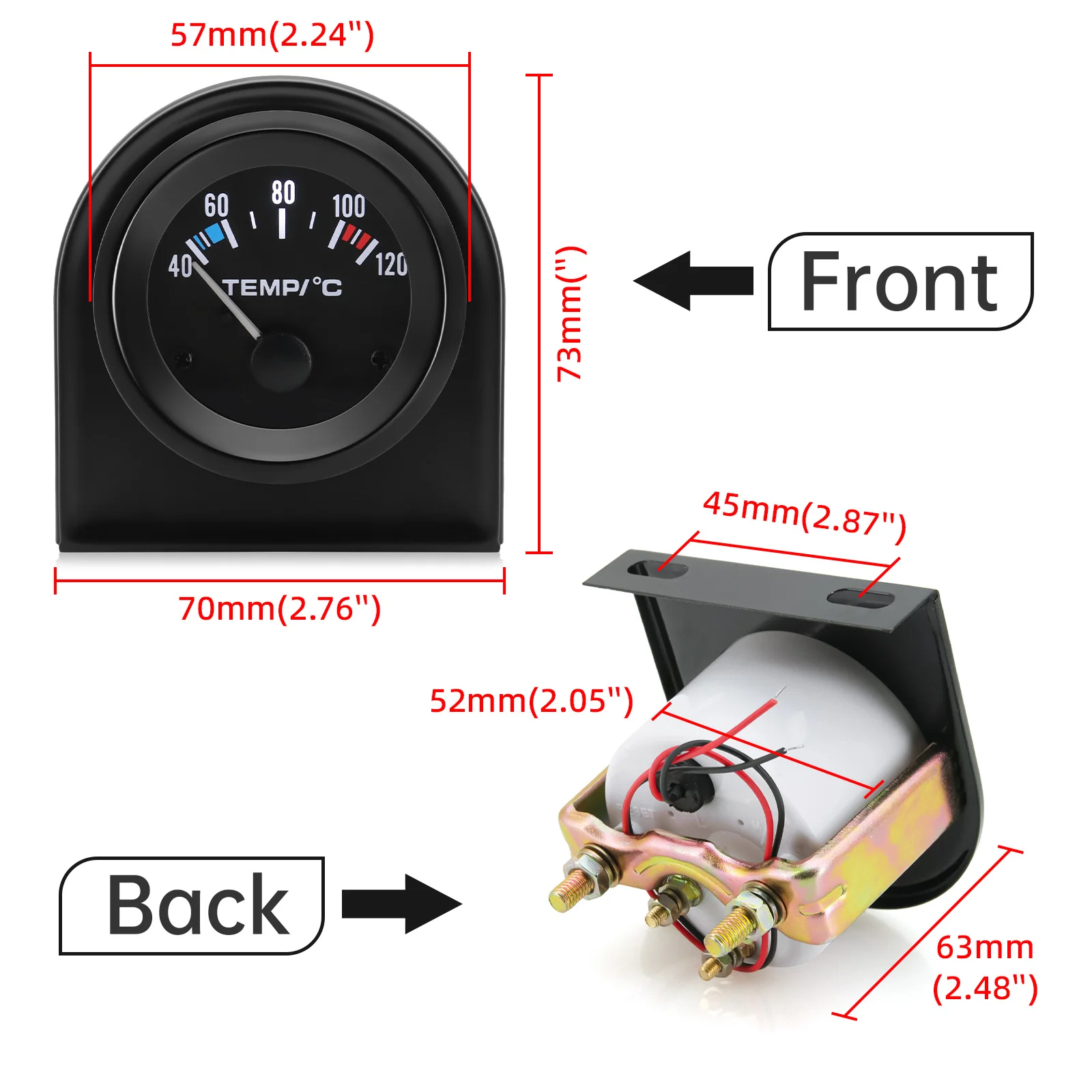 40-120 Celsius Car 52mm Water Temperature Gauge with Adaptor Joint Pipe Radiator 1/8NPT Sensor Racing Water Tank Level Indicator