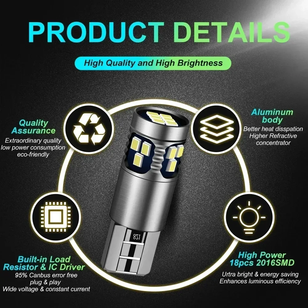 2X T10 LED Canbus No Error W5W LED Bulb Auto Lamp 2016 18SMD Car Interior Light W5YW 194 168 501 LED Car Lights 6000K White 12V