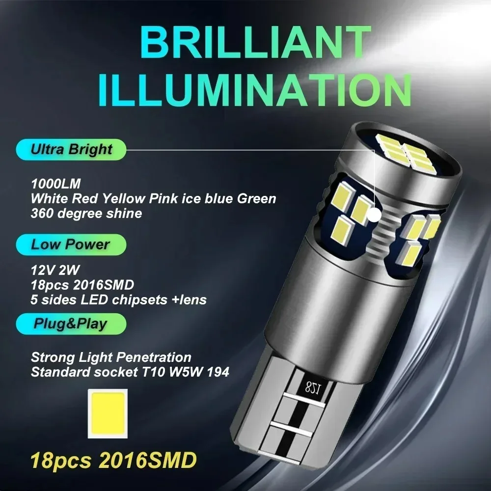 2X T10 LED Canbus No Error W5W LED Bulb Auto Lamp 2016 18SMD Car Interior Light W5YW 194 168 501 LED Car Lights 6000K White 12V