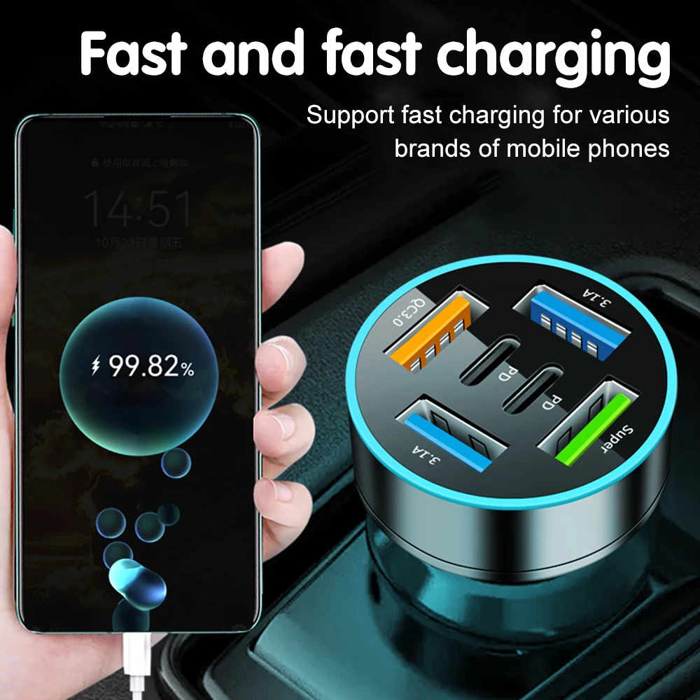 250W 5 Ports Car Charger Fast Charging PD QC3.0 USB C Car Phone Charger Adapter With Voltage For iPhone Samsung Huawei Xiaomi