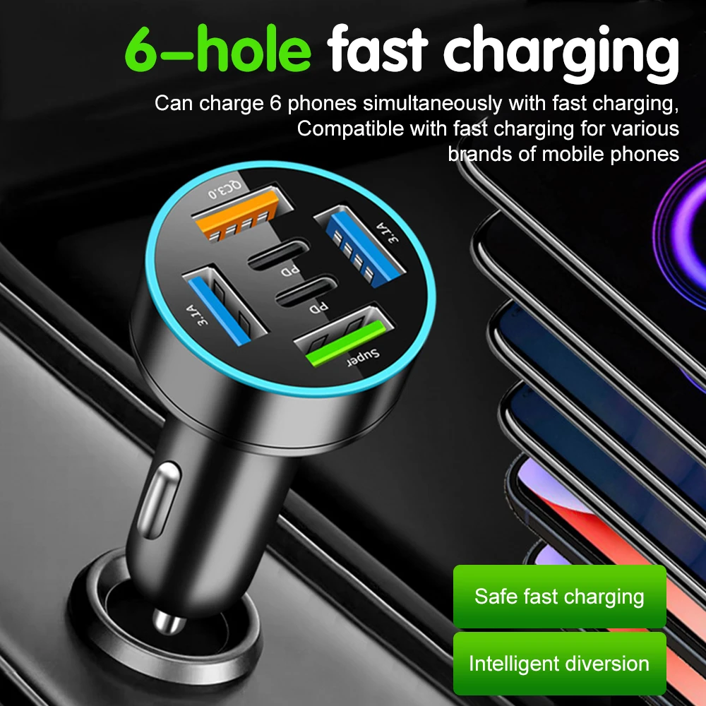 250W 5 Ports Car Charger Fast Charging PD QC3.0 USB C Car Phone Charger Adapter With Voltage For iPhone Samsung Huawei Xiaomi