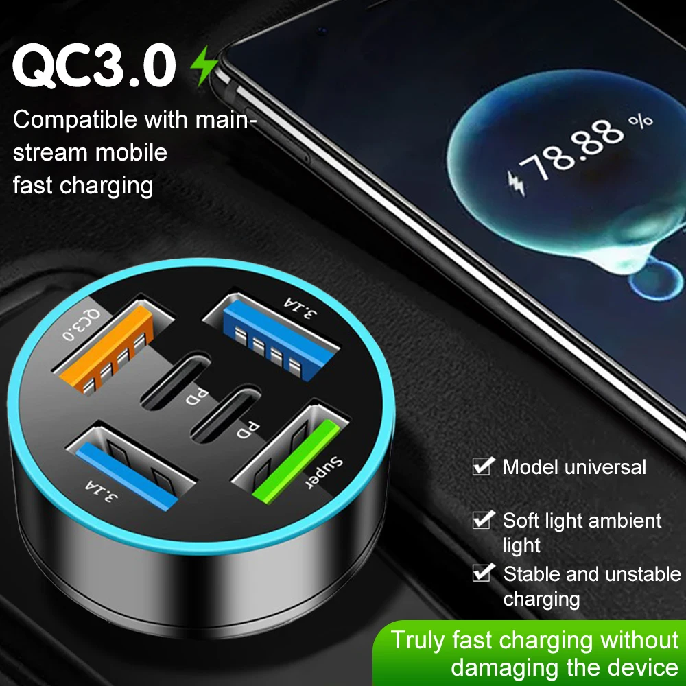 250W 5 Ports Car Charger Fast Charging PD QC3.0 USB C Car Phone Charger Adapter With Voltage For iPhone Samsung Huawei Xiaomi
