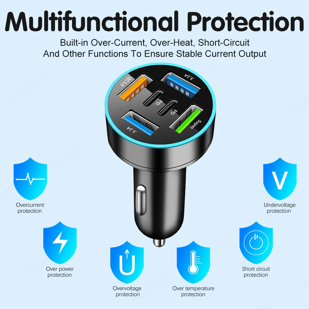 250W 5 Ports Car Charger Fast Charging PD QC3.0 USB C Car Phone Charger Adapter With Voltage For iPhone Samsung Huawei Xiaomi