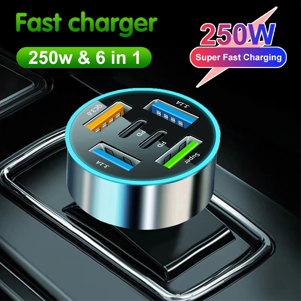 250W 5 Ports Car Charger Fast Charging PD QC3.0 USB C Car Phone Charger Adapter With Voltage For iPhone Samsung Huawei Xiaomi