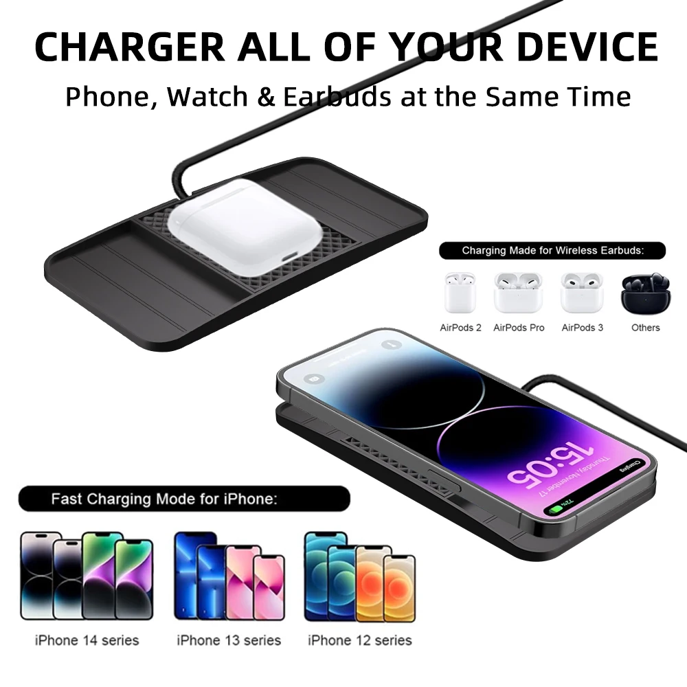 15W Fast Wireless Charging Pad , Non-Slip Rubber Mat for Car Storage, Lightweight USB-Powered Charger Compatible with Phone