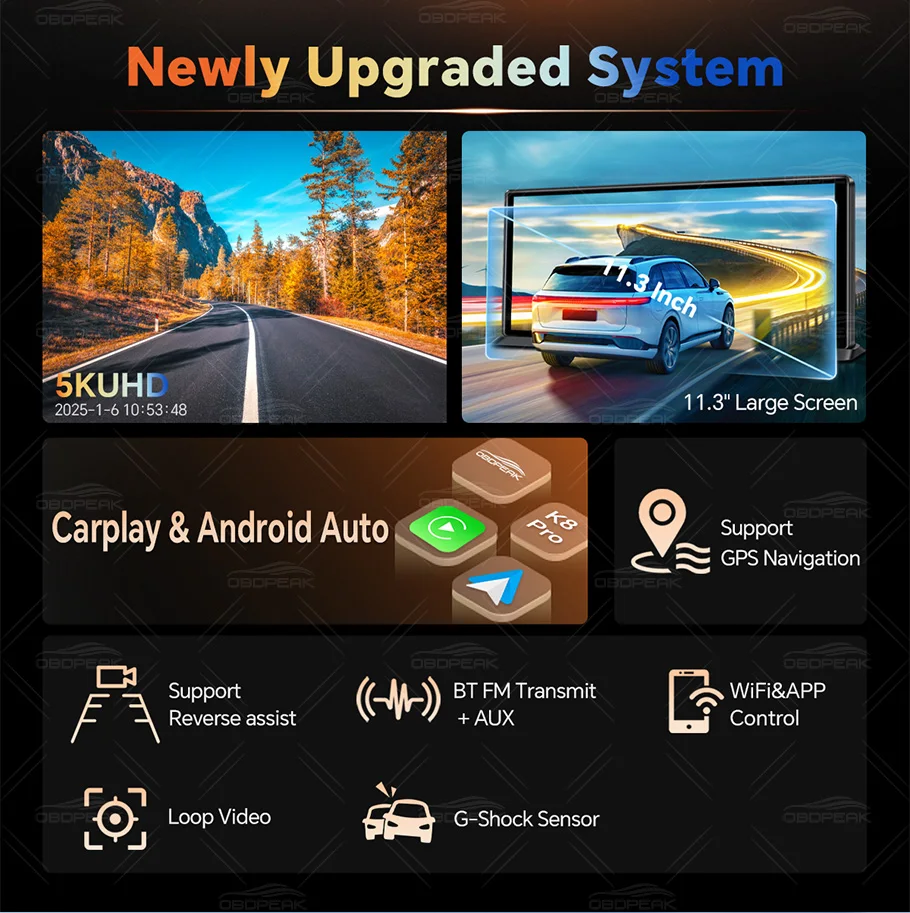 K8 Pro 11.3" Touch Screen Car Camera 5K Dash Cam GPS 5G WiFi Wireless CarPlay & Android Auto Loop Recording GPS Navigation DVR