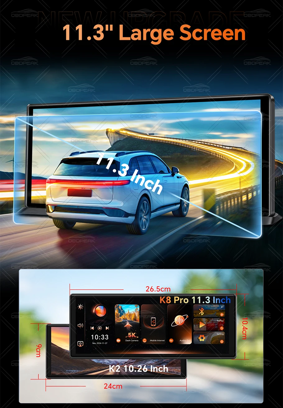 K8 Pro 11.3" Touch Screen Car Camera 5K Dash Cam GPS 5G WiFi Wireless CarPlay & Android Auto Loop Recording GPS Navigation DVR