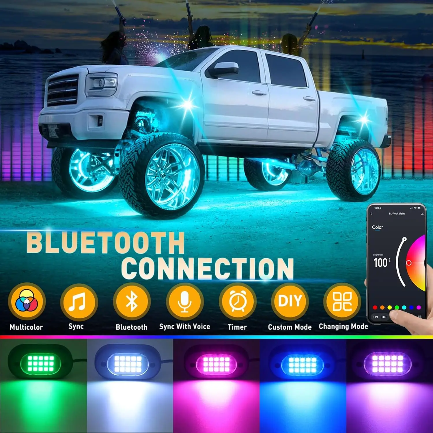 Honalia LED Rock Lights for Trucks 4/6/8/10/12 Pods RGB Truck Rock Lights Kits with App Control for ATV UTV RZR