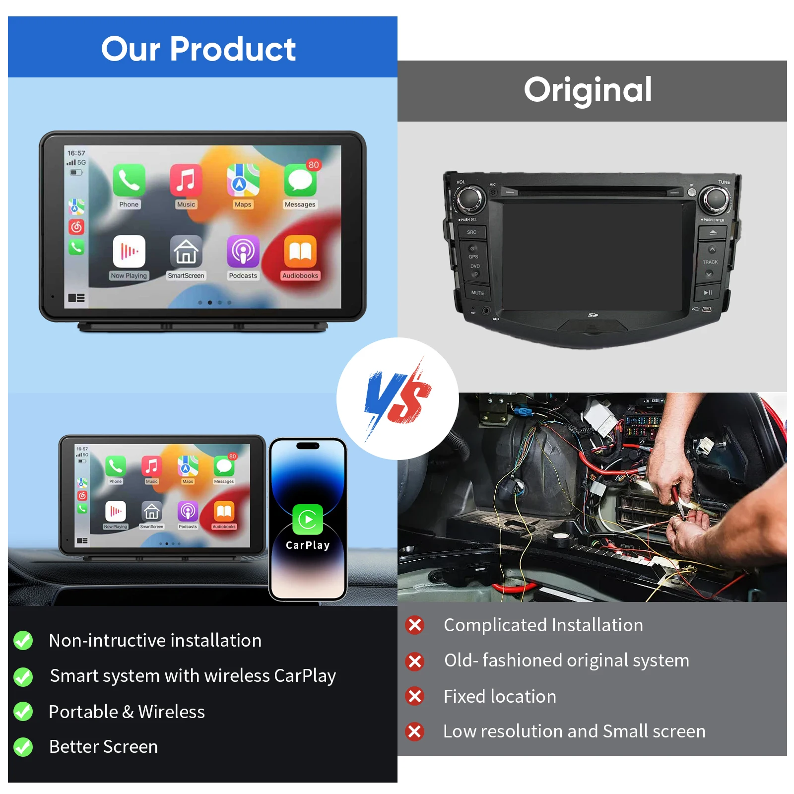 Pionray 7” Universal CarPlay Android Auto Car Radio Multimedia Video Player IPS Touch Screen With AUX USB Rearview Camera