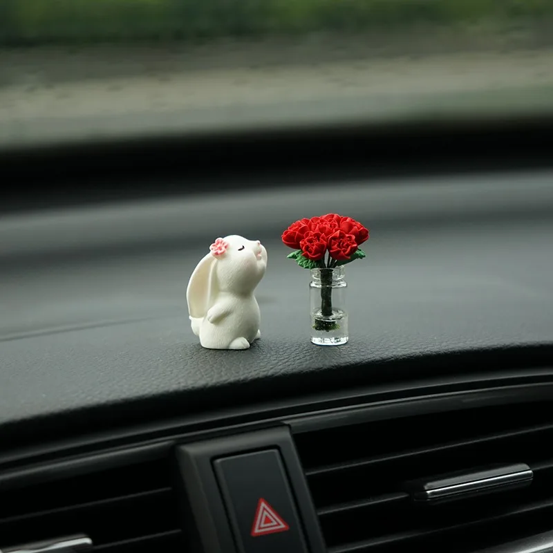 Car Mounted Bunny Floral Fragrance Healing Ornament Romantic Console Centerpiece Auto Smelling Bunny Figurine