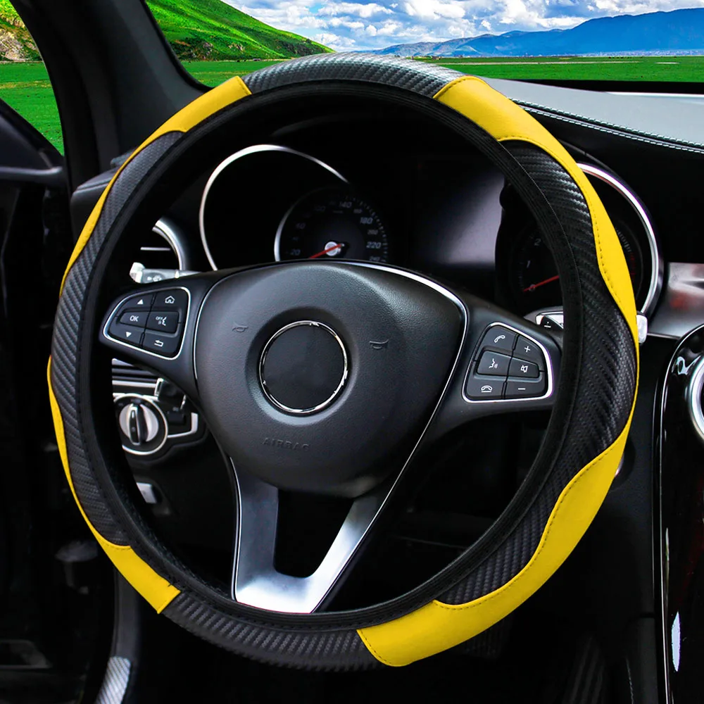 PU Carbon Fiber Leather Car Steering Wheel Cover Without Inner Ring Suitable for 14.5-15 Inches of Automotive Supplies