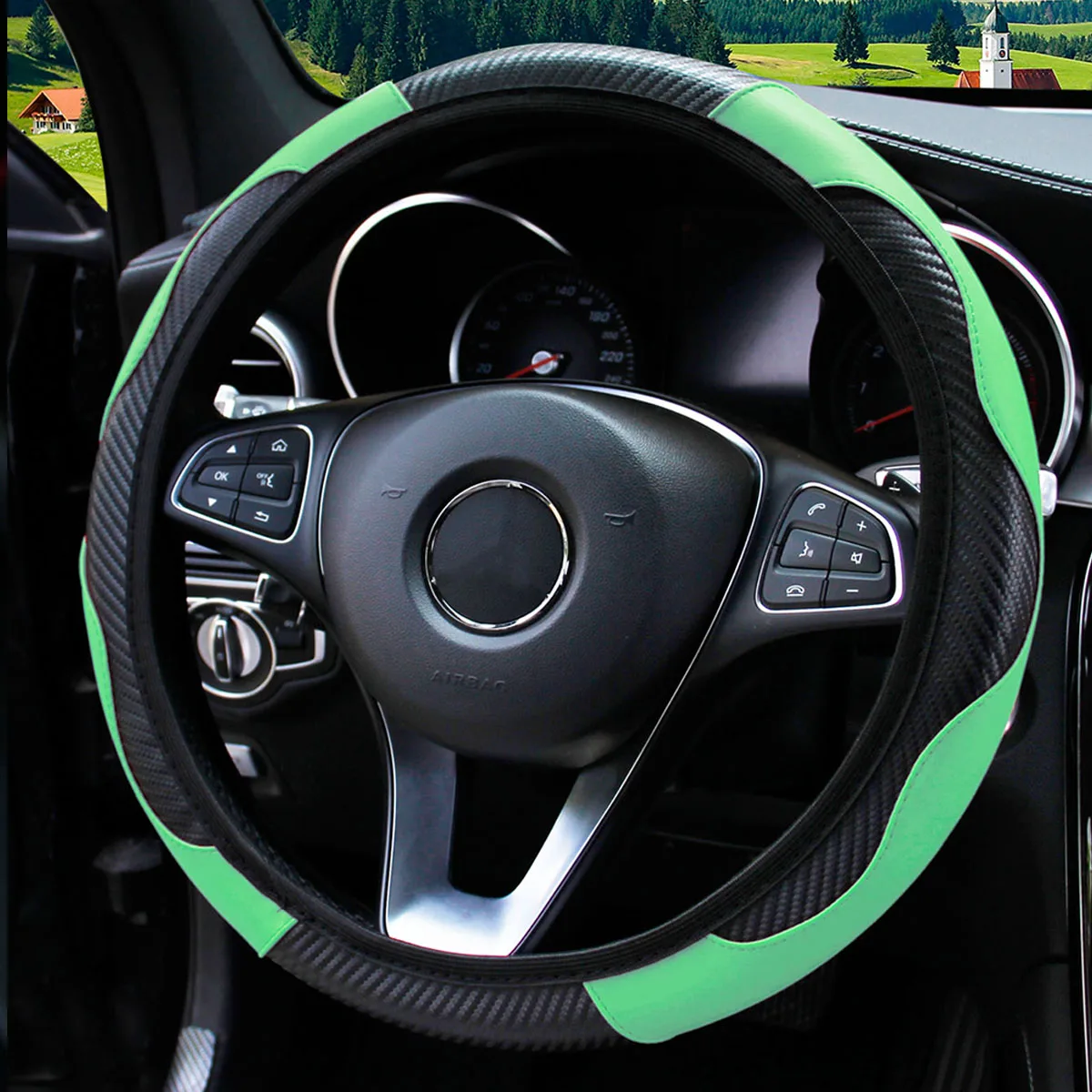 PU Carbon Fiber Leather Car Steering Wheel Cover Without Inner Ring Suitable for 14.5-15 Inches of Automotive Supplies