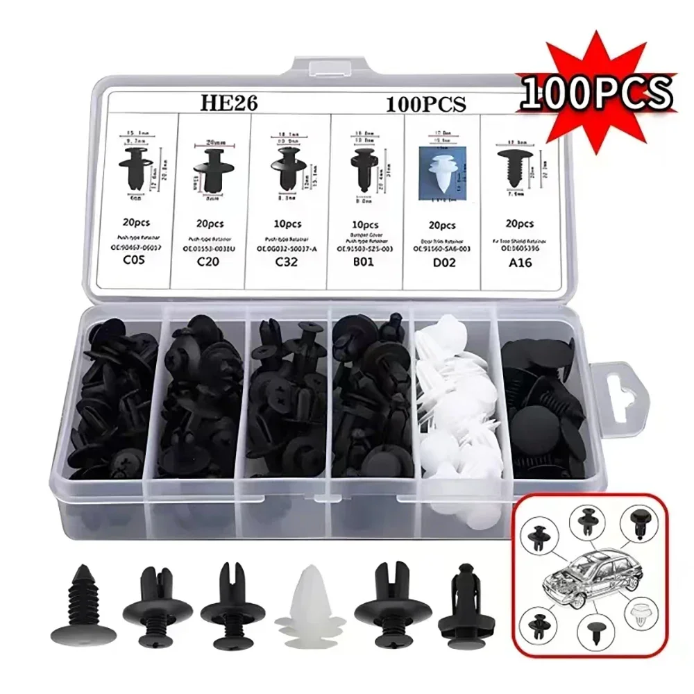 100/50PCS Auto Fastener Clips Kit - Multi-Size Retainers for Car Fender, Bumper, Door & Panel Trim