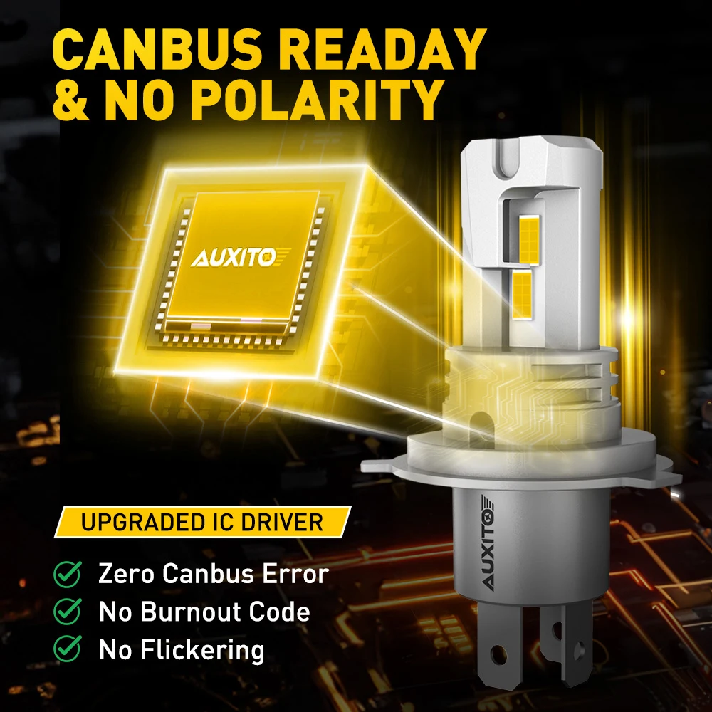 AUXITO 2Pcs H4 Fanless LED CSP Headlight Bulb 3000K Golden Yellow 9003 HB2 H4 LED Hi/Lo High and Low Beam Headlamp 12V Auto Lamp