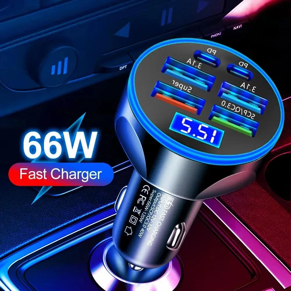 6in1 Car Charger Super Fast Charging 4 USB 2 USB C Multi Port with Voltage Digital Monitor for Car Cigarette Lighter