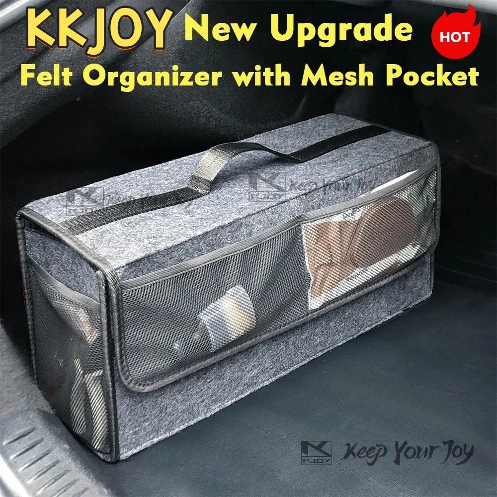 KKJOY Large Car Boot Storage Bag with Net Bag Anti-Slip Compartments Felt Storage Box for Car Trunk Tool Organization Upgrade