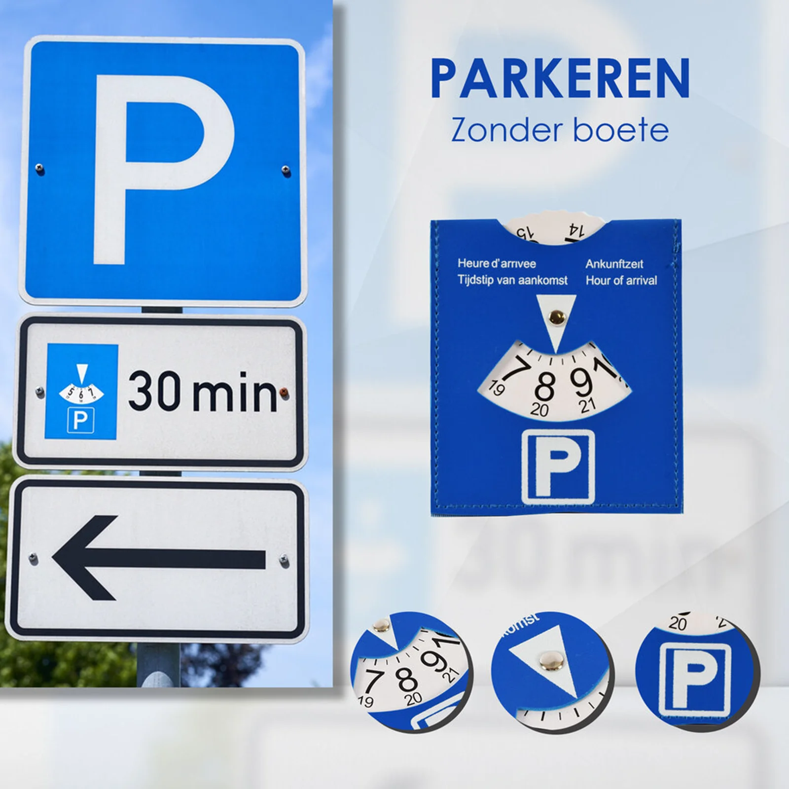 Blue PU Leather Parking Disc 4 Language Version Durable & Water-Resistant Arrival Timer for Car - Universal European Design
