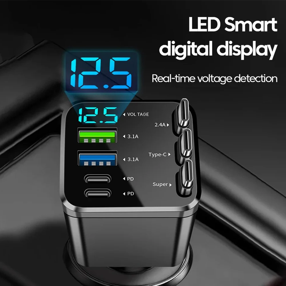 KEBIDUMEI 180W Car Charger PD30W USB 3.1A Phone Charger Digital Display Fast Charging Retractable Cable Adapter Auto Accessories
