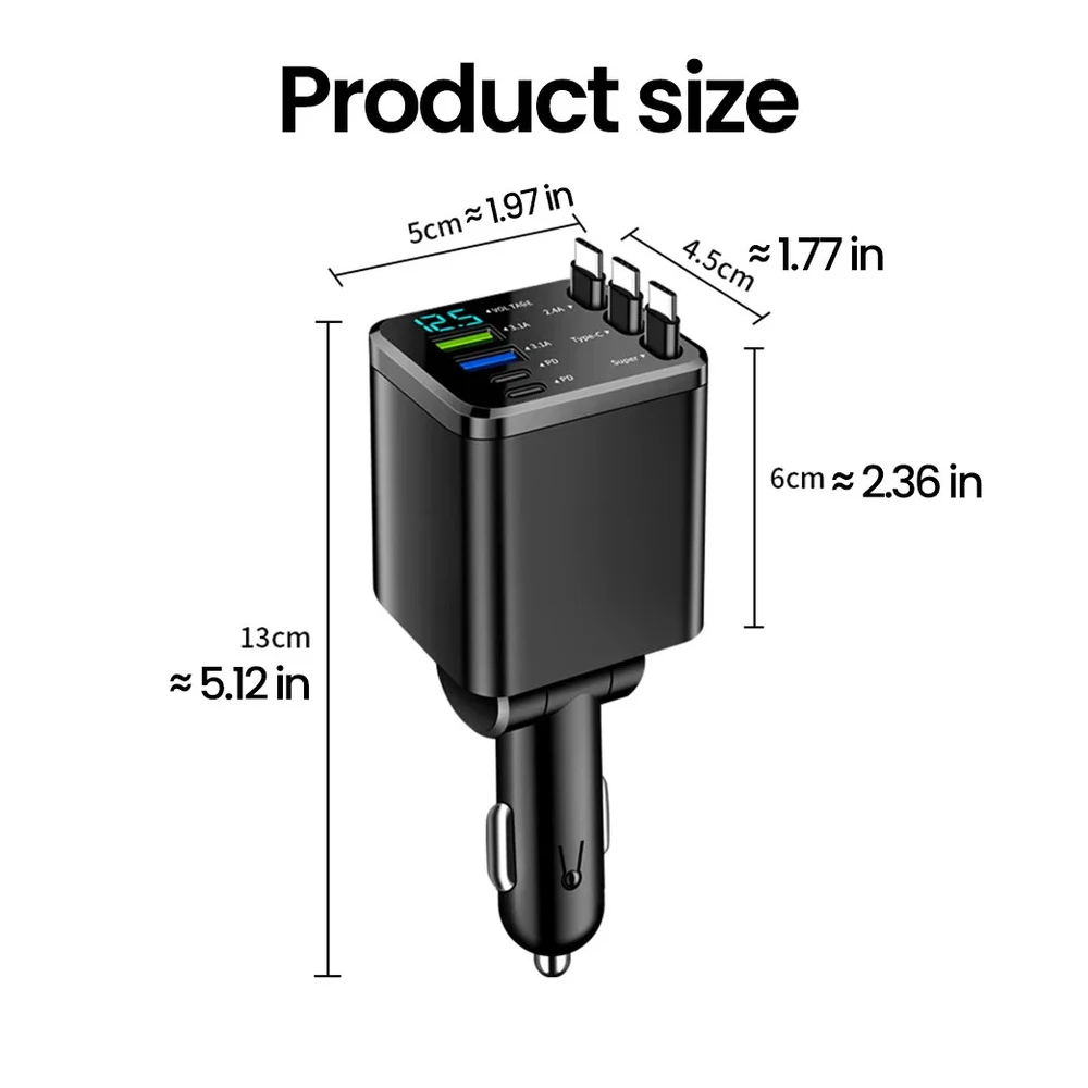 KEBIDUMEI 180W Car Charger PD30W USB 3.1A Phone Charger Digital Display Fast Charging Retractable Cable Adapter Auto Accessories