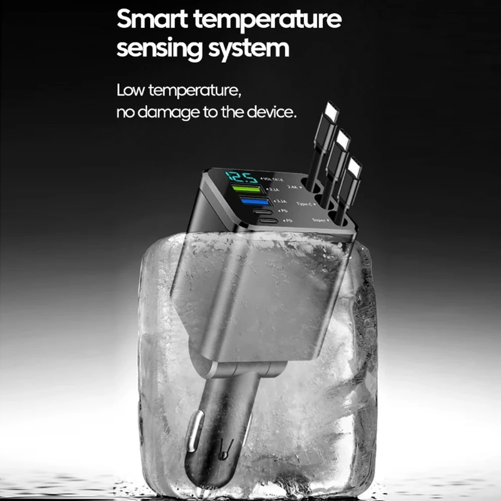 KEBIDUMEI 180W Car Charger PD30W USB 3.1A Phone Charger Digital Display Fast Charging Retractable Cable Adapter Auto Accessories