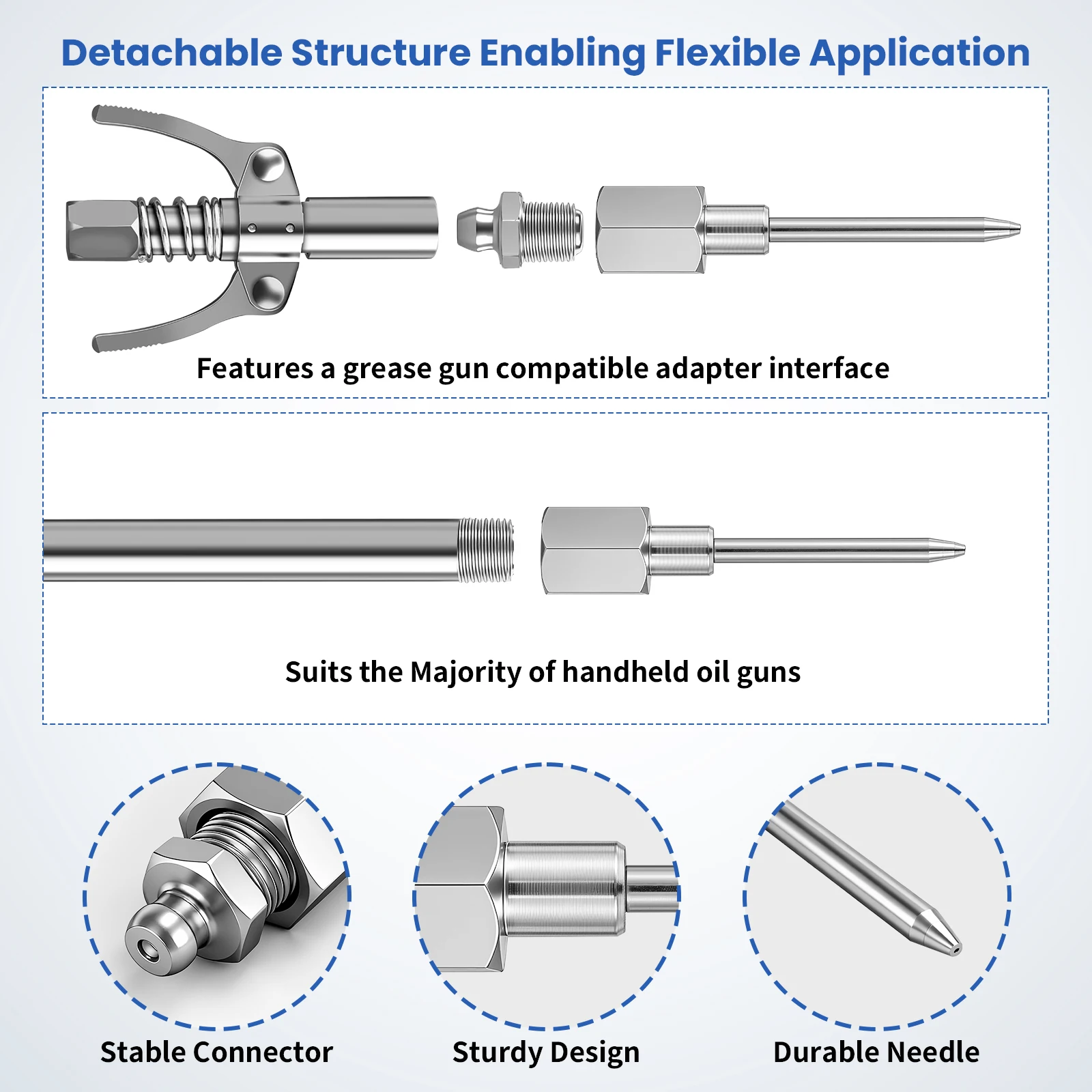 5PCS Grease Gun Needle Accessory Set Dispenser Rubber Coupler Adapter Injector Detachable Nozzles for Narrow Tight Spaces