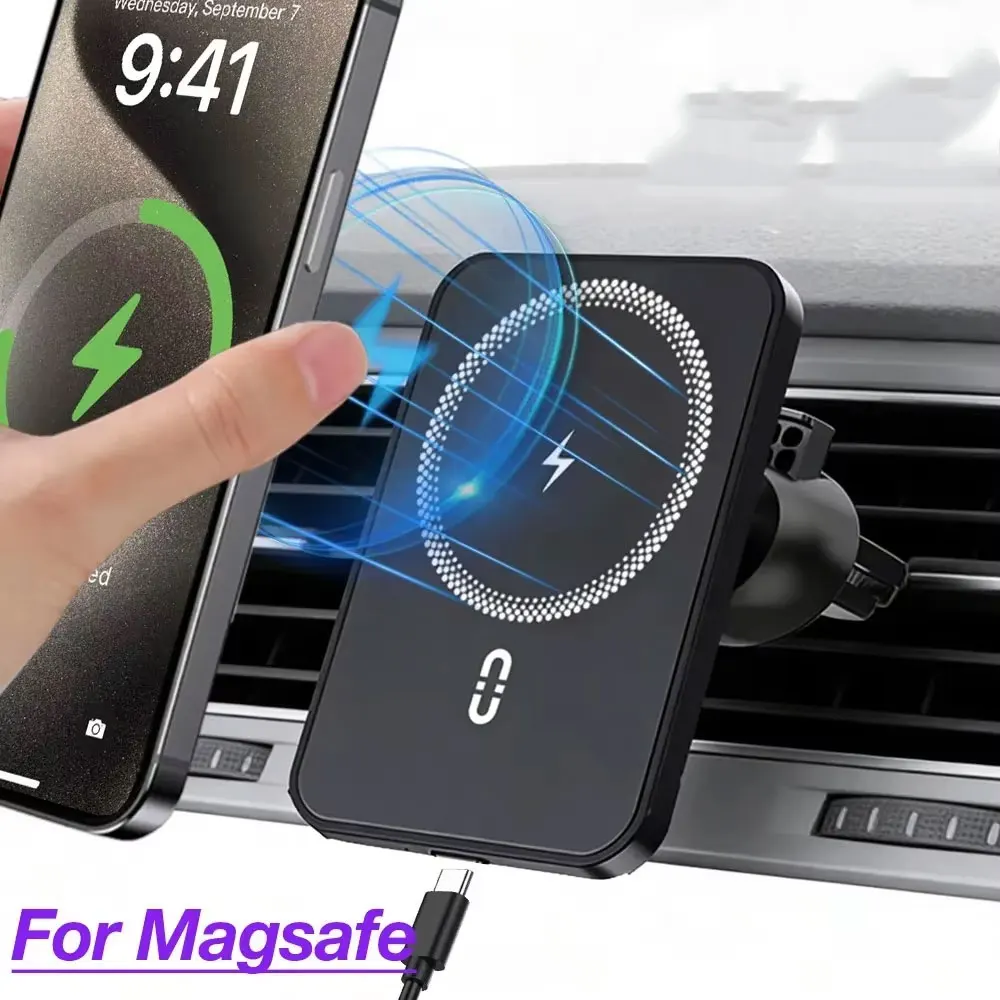 360 Rotation Magnetic Car Air Vent Phone Holder Stand Wireless Charger For Magsafe iPhone 17~12 Samsung Xiaomi Cellphone Bracket