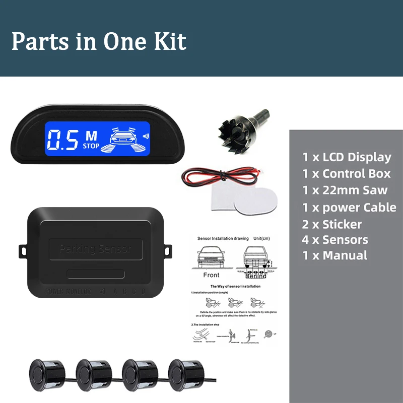 Hippcron Car Parking Sensors Parking Kit Display 22mm 4 Sensors Backlight Reverse Backup Radar Monitoring System 8 Colors