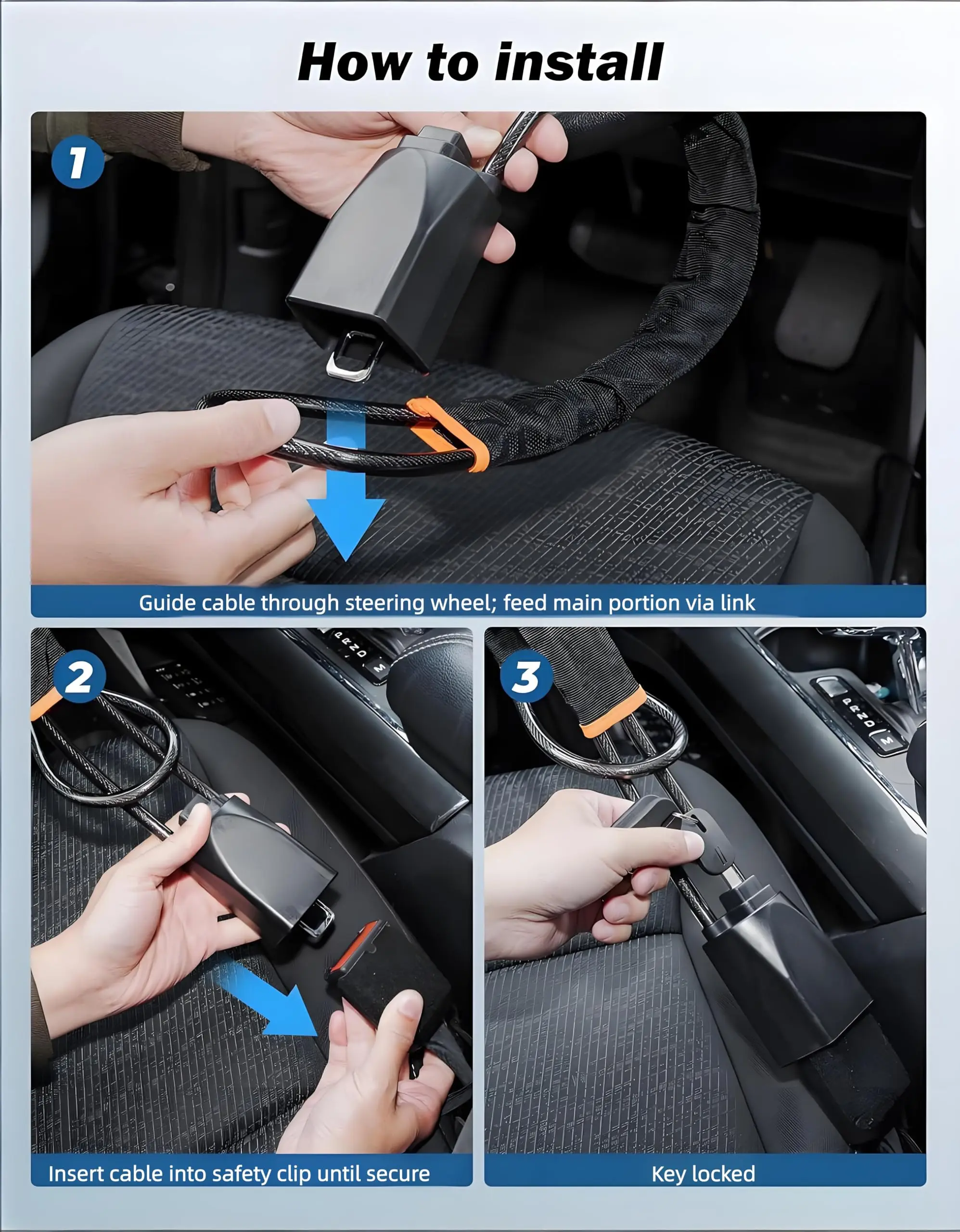 Car Steering Wheel Lock, Anti-Theft Steel Cable Security Lock, Universal Vehicle Safety Device for Cars