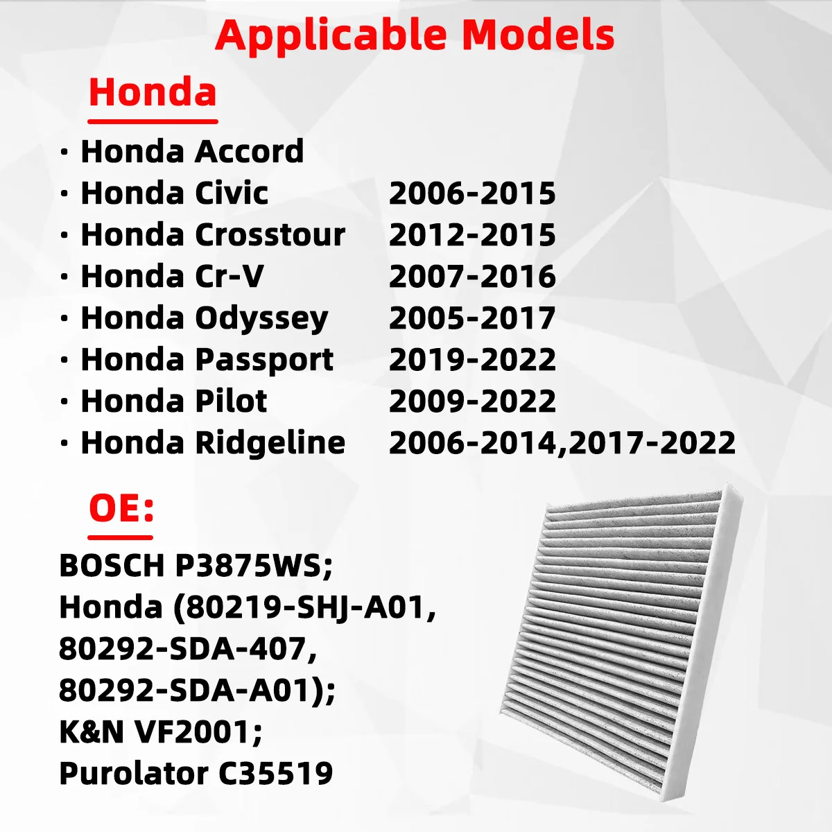 PINMOAP 880292-SDA-407 Automotive Air Conditioning Filter For Honda Accord Civic Crosstour Cr-V Odyssey Passport Pilot Ridgeline