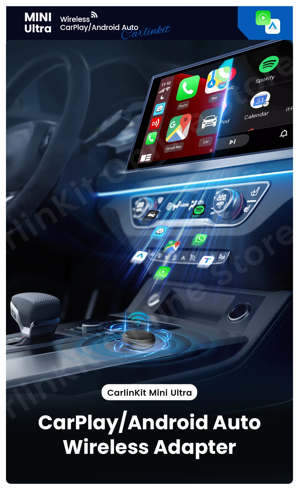 CarlinKit Mini Ultra 3 Wireless CarPlay Android auto Adapter for Car infotainment Upgrade BT 5.4GHz Wifi 5.8GHz OTA Compact