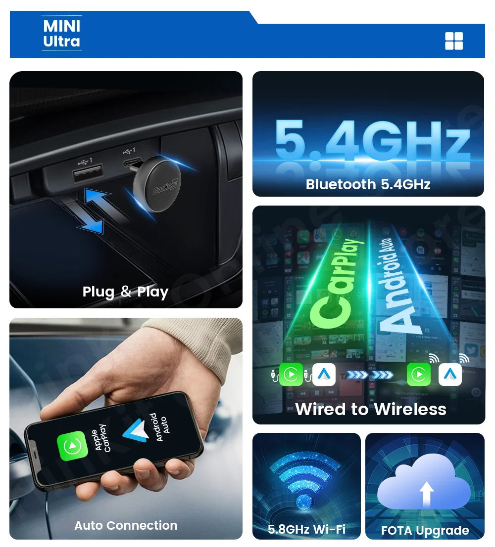CarlinKit Mini Ultra 3 Wireless CarPlay Android auto Adapter for Car infotainment Upgrade BT 5.4GHz Wifi 5.8GHz OTA Compact