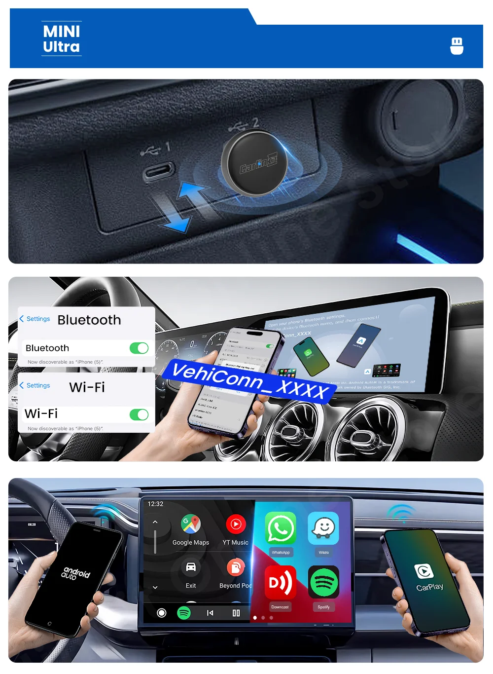 CarlinKit Mini Ultra 3 Wireless CarPlay Android auto Adapter for Car infotainment Upgrade BT 5.4GHz Wifi 5.8GHz OTA Compact