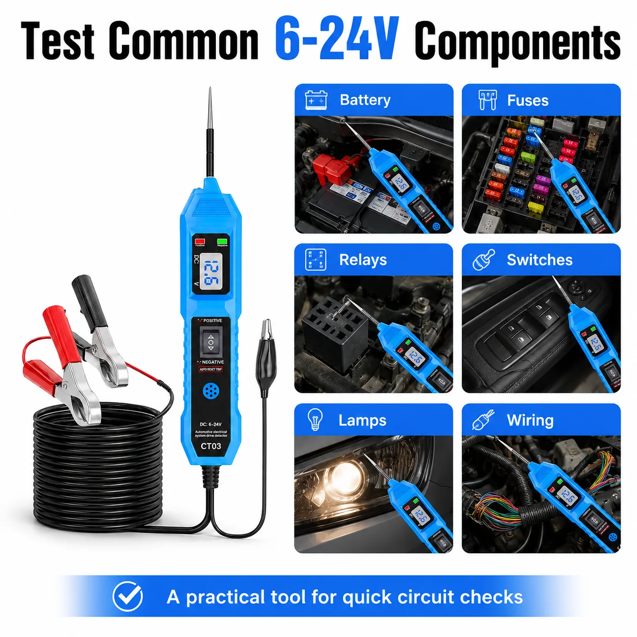 CT03 Automotive Circuit Tester 6-24V Power Probe Voltage Detector LED Light Buzzer Prompt Car Electrical Diagnostic Tool