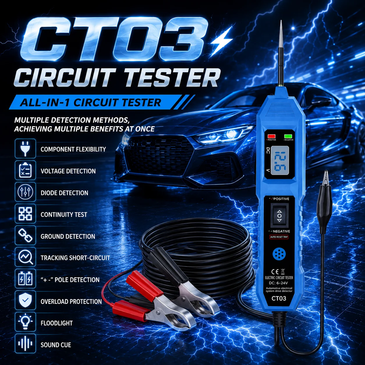 CT03 Automotive Circuit Tester 6-24V Power Probe Voltage Detector LED Light Buzzer Prompt Car Electrical Diagnostic Tool