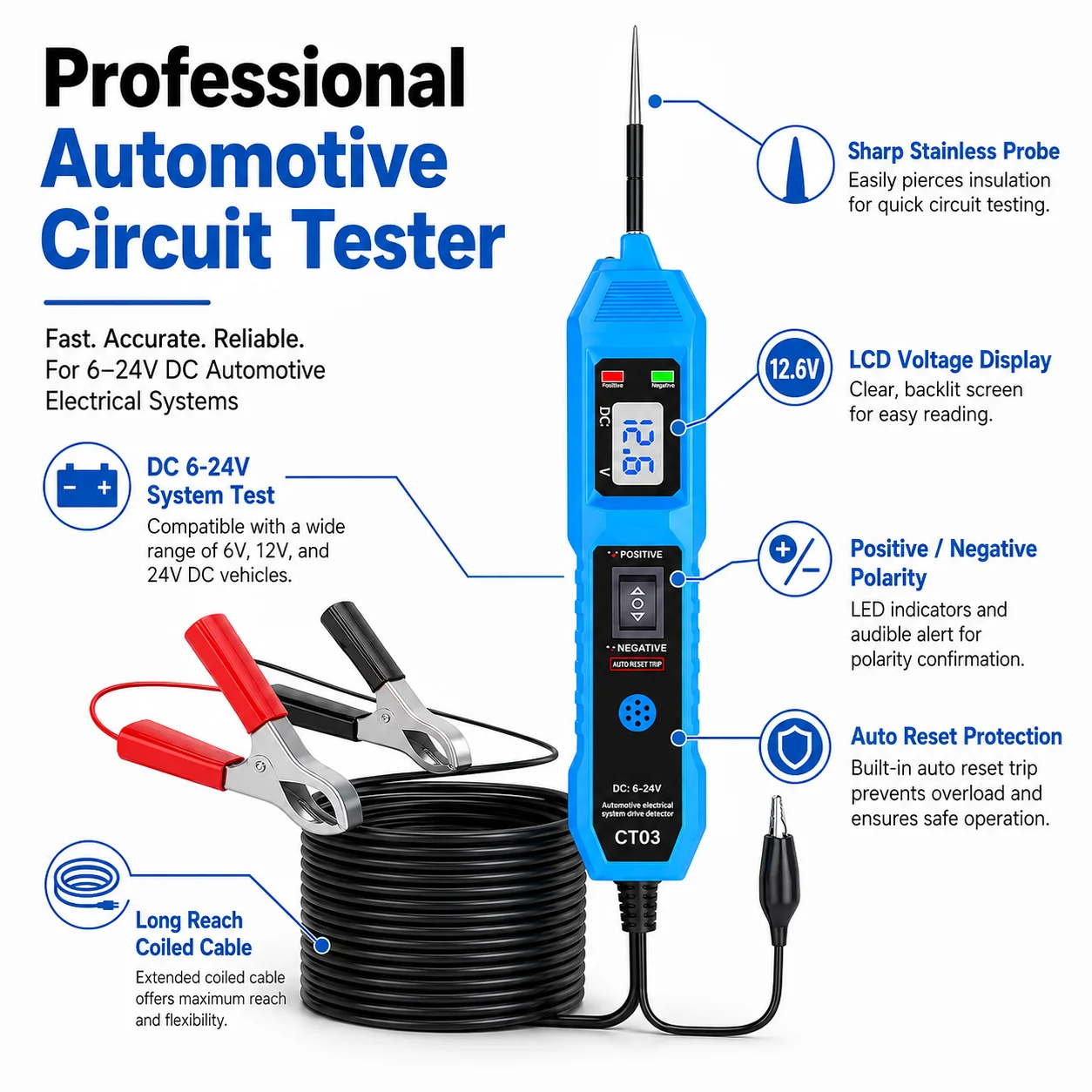 CT03 Automotive Circuit Tester 6-24V Power Probe Voltage Detector LED Light Buzzer Prompt Car Electrical Diagnostic Tool