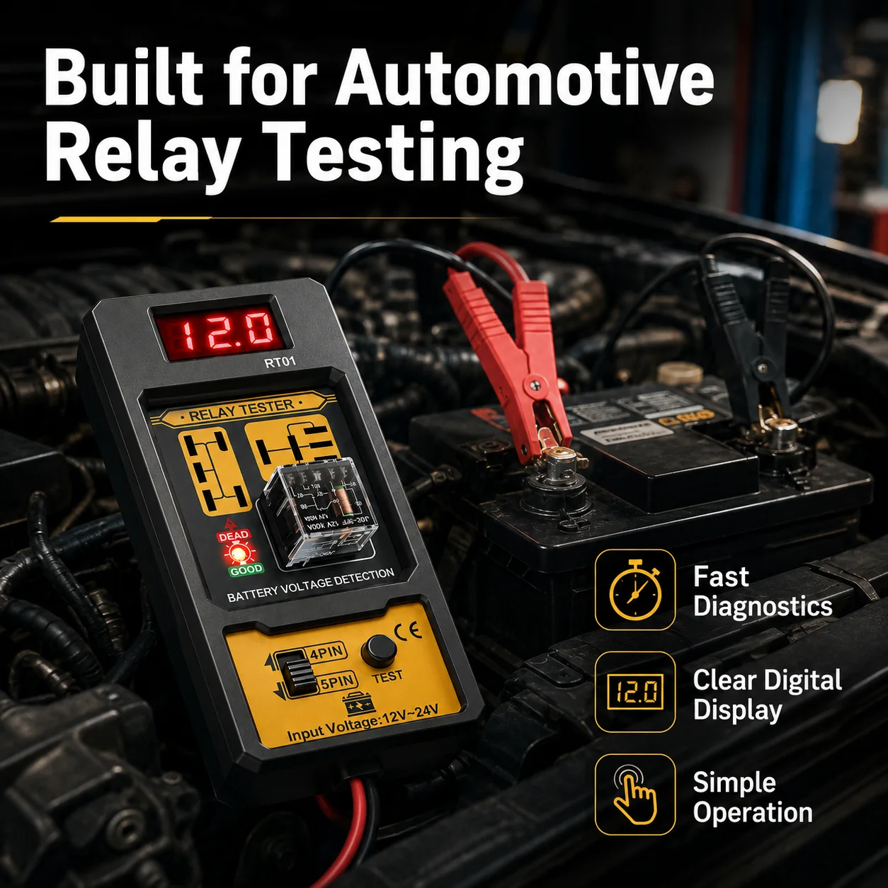 RT01 Car Relay Tester with Battery Clamps, 12V Universal 4/5 Pin Relay Test Tool, Heavy-Duty Automotive Electrical Diagnostic Eq